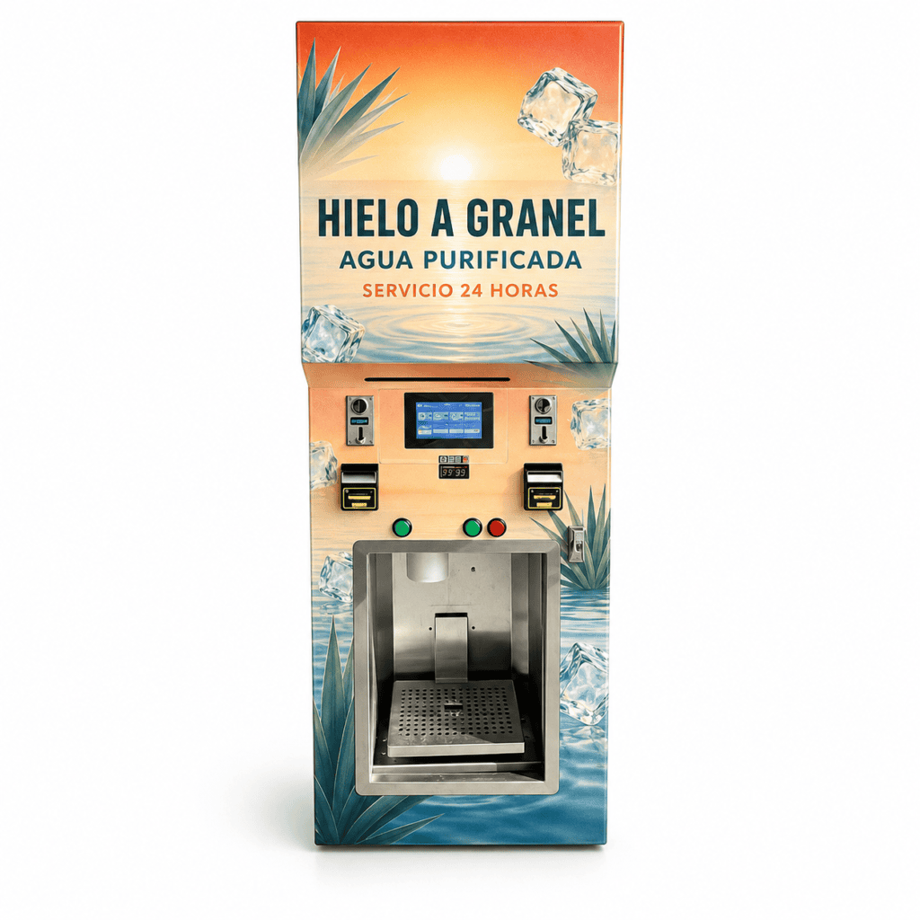 Self-service ice and water vending machine with custom Spanish graphics